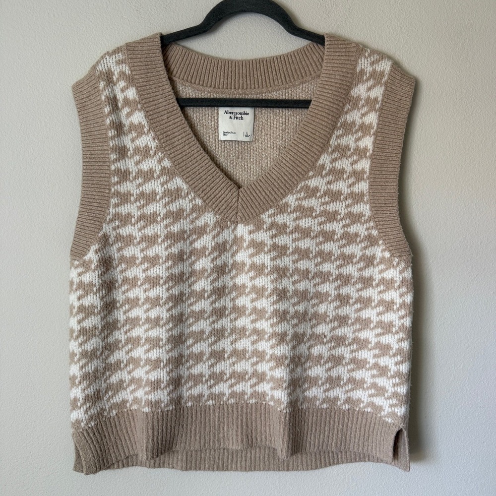 Abercrombie & Fitch Tan Houndstooth V-Neck Sweater Vest Womens Large Soft Knit